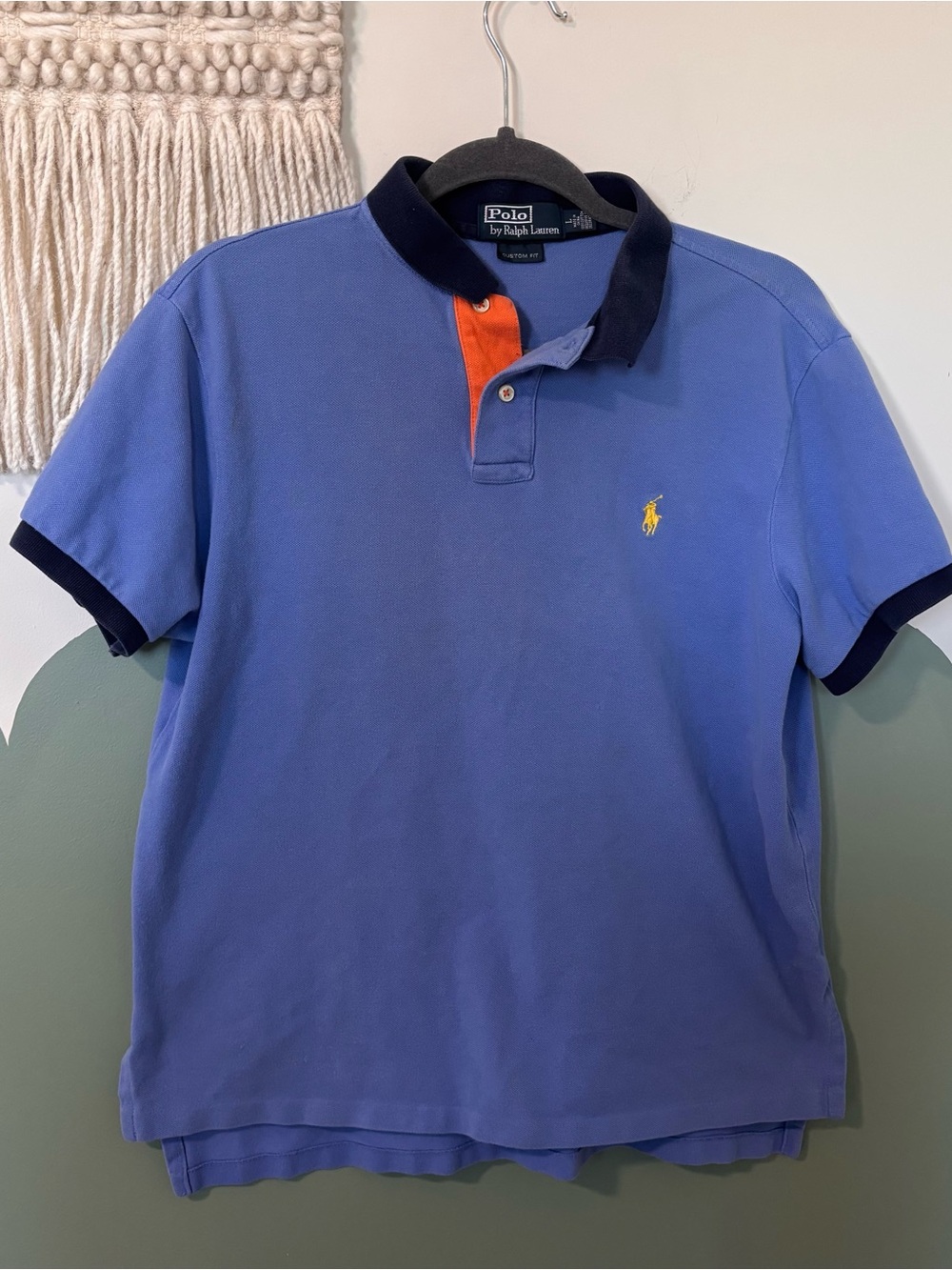 Ralph Lauren Men’s Lavender-Blue Polo with Navy Collar and Orange Placket